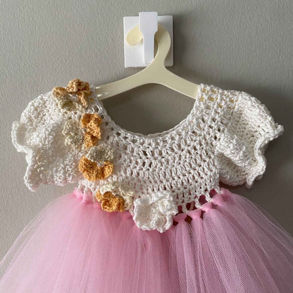 Handmade Cotton Crochet White Orange Light Pink Tulle Doll Teddy Bear Tutu Dress - Picture 5 of 12
